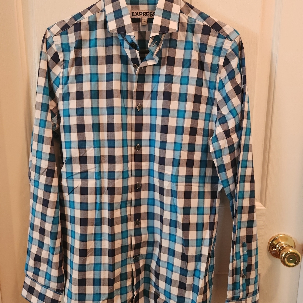 Express Mens Dress Shirt Long Sleeve Button Down Blue Gray Black and White Color